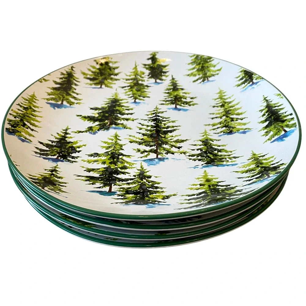 Christmas Pine Tree Dinner Plates 10.5in Ceramic Set of 2 by Global Design New
